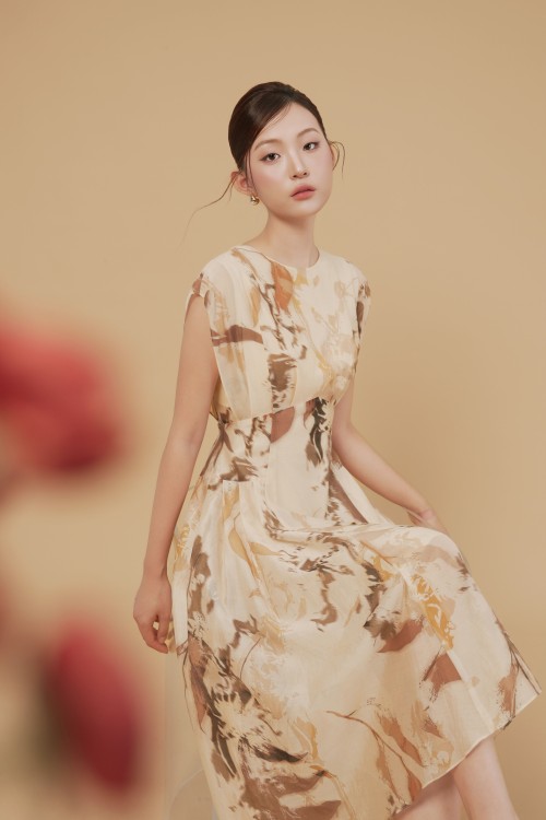 Sixdo Brownish-Beige Organza Flared Dress